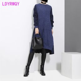 autumn and winter knit Korean version of the loose long-sleeved dress Patchwork O-Neck Regular Knee-Length 210416