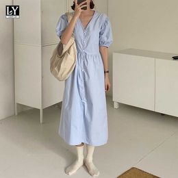 LY VAREY LIN Summer Women Casual V-neck Single Breasted Dresses Sweet Puff Sleeve Solid Color Office Lady 210526