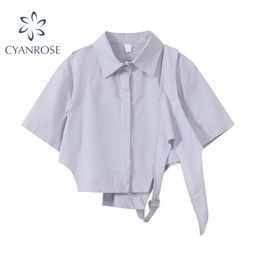 Korean Style Irregular Women Shirts Summer Fasgion Chic Turn Down Collar Short Sleeve Sexy Cardigan Crop Blouse Female 210515