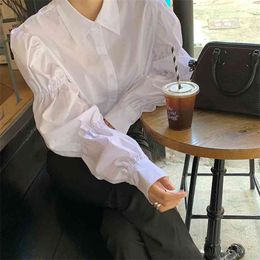 Spring Vintage Blouse Women Lady Female Loose Cotton Tops Bubble Long sleeves wild white Blouses shirt 615A 210420