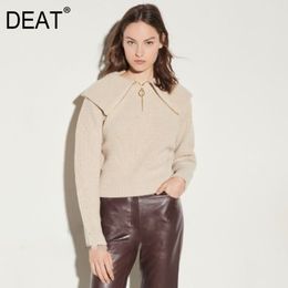 [DEAT] Lapel Collar Zipper Solid Color Long Sleeve Knitted Sweater Casual Top Mall Goth Women Clothing Spring GX426 210428