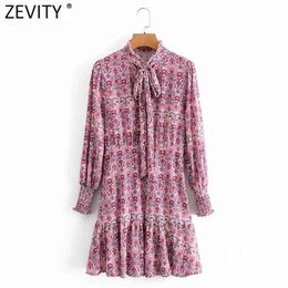 Women Sweet Agaric Lace Floral Print Casual A Line Dress Femme Pleats Long Sleeve Bow Tied Chic Party Vestido DS4872 210420