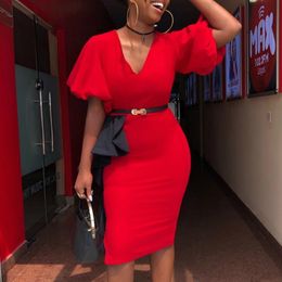 Red V Neck Short Sleeves Bodycon Dresses Elastic with Waist Belt Ruffles Elegant Office Wear Women Summer African Plus Size Robe 210416