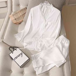 JULY'S SONG New Stain Lace Woman Pyjamas Set Pieces Spring Autumn Sleepwear Elegant Solid Colour V-neck Ice Silk Homewear 210330