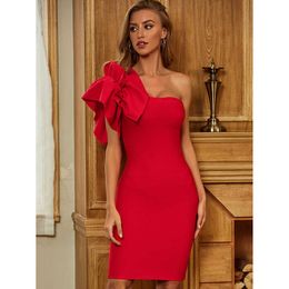 Summer Women One Shoulder Bandage Dress Red Sexy Sleeveless Knee length Bodycon Club Celebrity Evening Party Vestidos 210625