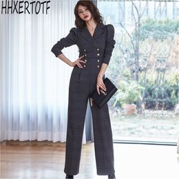 spring autumn High-end temperament OL Plaid Jumpsuit Double breasted High Waist Professional fashion jumpsuit 210531