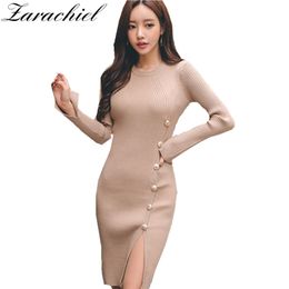 Women Sexy Winter Button Down Open Split Knitted Skinny Bodycon Midi Long Sleeve Warm Slim Sweater Dress Sheath Vestidos 210416