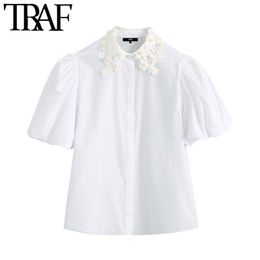 TRAF Women Sweet Fashion Faux Pearl Beading White Blouses Vintage Lapel Collar Puff Sleeve Female Shirts Chic Tops 210415
