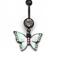 YYJFF D0765F Butterfly Belly Navel Button Ring Clear Stone With Black Body