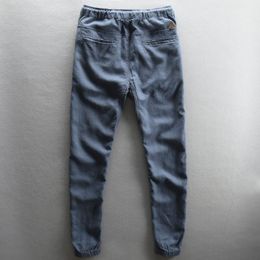 -Полная длина летние хлопчатобумажные льняные брюки мужские упругие талии легкие повседневные брюки синий черный бежевый мужской мужской