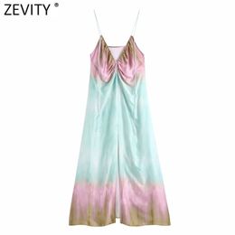 Women Sexy Pleated Deep V Neck Colour Tie Dyed Print Inner Style Sling Dress Female Chic Front Split Summer Vestido DS8145 210420