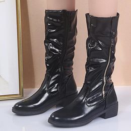 Boots Autumn Winter Women Black Mid-Calf For Fashion Leather Shoes Side Zipper Ladies Female Botas Mujer
