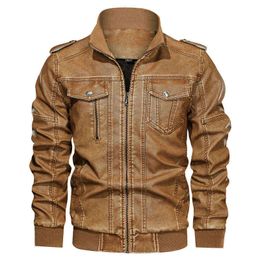 New Men Leather Jacket Vintage Motorcycle Pu Leather Coat Men Casual Moto Biker Faux Bomber Jackets Mens Fashion Streetwear Coat Y1122