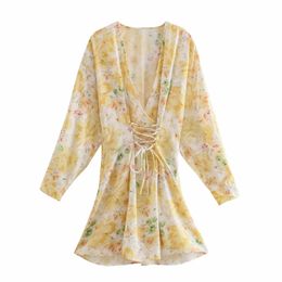 Summer Women Flower Printing Cross V Neck Mini Dress Female Nine Quarter Sleeve Clothes Casual Lady Slim Vestido D7735 210430