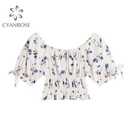 Slash Neck Crop Blouses Women Lace up Design Short Sleeve Retro Floral Print Shirts Female Elegant Elastic Romantic Draped Tops 210515