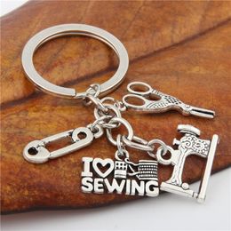 sewing machine charms Canada - 10pcI Love Sewing And Sewing Machine Charms Keychain Making Iron Scissors For Tailor Designer Gift Keyring Jewelry E1689