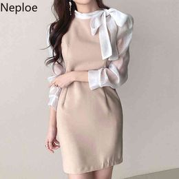 Neoploe Temperament Dress Chic Bow Patchwork Fake Two Piece Long Sleeve Vestidos Women Korean High Waist Slim Mini Dresses 4h822 210422