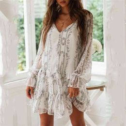 sheer long sleeve print casual loose dress women autumn white boho short v neck party vestidos 210427