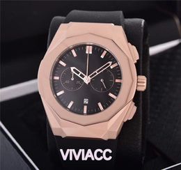 New Fashion multi-function Stainless Steel Quartz StopWatch rose gold black rubber clock Business men sport calendar watches