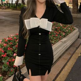 Ezgaga Sexy Bodycon Dress Women V-Neck Bowknot Patchwork High Waist Split Spring Fashion Clubwear Dresses Vestidos Feminino 210430