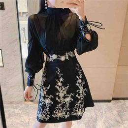 ZAWFL Runway Women 2 Piece Set Elegant Bowknot Long Sleeve Chiffon Shirt + Beading Embroidery Mini Skirt Suit 210330