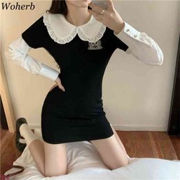 Fake Tow Pieces Long Sleeve Patchwork Mini Pencil Dresses Korean Cute Slim Women Peter Pan Collar Sweater Dress Robe 210519