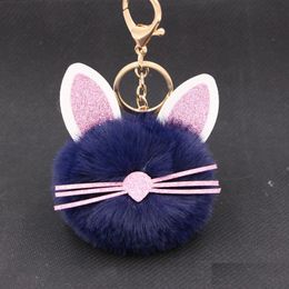 rabbit ring holder UK - 23 Colors Cat Pompom Key Ring Cute Animal Keychains Car Keyring Holder Rabbit Ear Keyfobs For Women Bag Pendant Party Favors