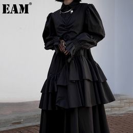 [EAM] Women Asymmetrical Layers Ruffles Pleated Dress Lapel Long Sleeve Loose Fit Fashion Spring Summer 1DD8477 21512