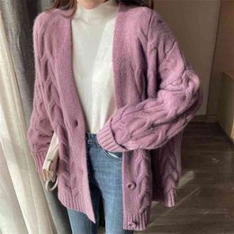 autumn and winter cardigan loose sweater women lazy style thick twist knit coat trend 210427