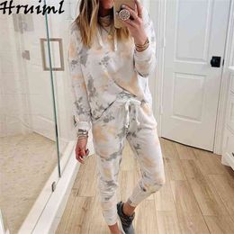 Two Piece Outfits for Women Tie Dye Print Hooded Long Sleeve Tops Pencil Pants Joggers Set Casual Loose Sportswear Tracksuit 210513