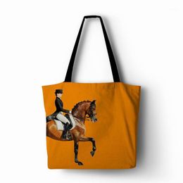 Storage Bags Both Sides Printed Horse 2 Designs On 1 Handbag Linen Polyester Women Shopping Tote Home With Casual Traveling Beach Bag