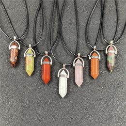 Healing Crystal Natural Stone Pendant Pillar Shape charms Turquoise Tiger Eye Green Rose quartz rope Chain Necklaces wholesale Jewellery gift