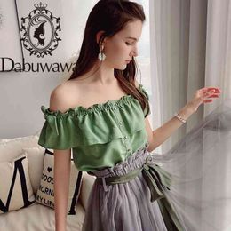 Dabuwawa Sweet Off Shoulder Chiffon Blouse Women Sexy Solid Ruffle Slash Neck Button Front Short Shirts Female DT1BCF002 210520