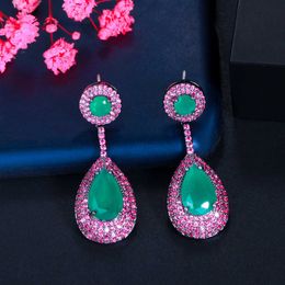 Micro Pave Pink Cubic Zirconia Green Emerald Dangle Water Drop Silver Engagement Party Earring for Women CZ868 210714