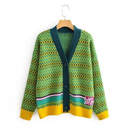 H.SA Women Winter Style v NECK Sweater and Cardigans Long Sleeve Oversized Casual Knit Jumpers Green Stripe Vintage Jacket 210417
