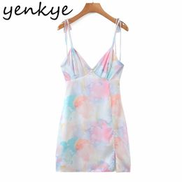 Multicolor Tie Dye Print Sexy Sling Dress Women Sleeveless V Neck High Waist Mini Summer Night Out Satin Robe 210514