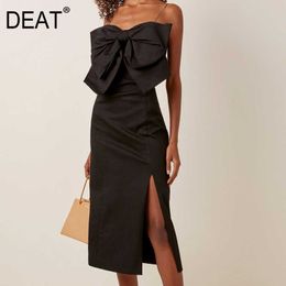 [DEAT] Summer Fashion High Waist Knee-length Bow Sleeveless Sexy Style Quality Sling Dress Women 13D116 210527