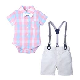 Formal Children Clothing Boys Outfits Summer Toddler Boy Clothes Sets Cotton Short Sleeve Plaid Tops Bib Shorts Kids Cl 94