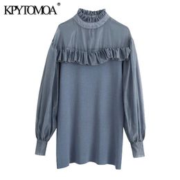 Women Fashion With Organza Ruffled Knitted Mini Dress High Neck Long Sleeve Female Dresses Mujer 210420