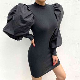 Ribbed Knit Vintage Long Puff Sleeve Patched Mini Y2k Dresses For Women Winter Bodycon Lady Short Black Sheath Party Dress 210510