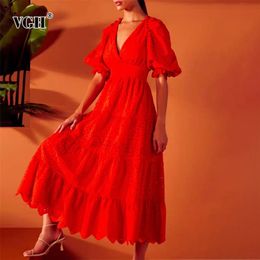 White Sexy Hollow Out Dress For Women V Neck Puff Half Sleeve High Waist Lace Up Bowknot Midi Dresses Female Summer 210531