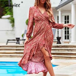 Elegant print high waist long sleeve women Sexy V-neck front split ruffles midi Casual female holiday dress 210414