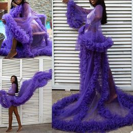 Fashion Purple Pregnant Women Photoshoot Dress Sleepwear Sexy Illusion Photograph V Neck Robes Tiered Ruffles Bridal Bathrobe Wedding Nightdress