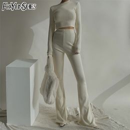 FORYUNSHES Two Piece Set Women Tracksuits Sweet Suits Knitted Basic Crop Top High Waist Casual Flare Pants Outfits Spring 220315