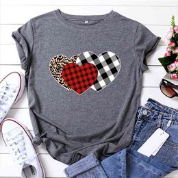 JCGO Summer Women T Shirt Cotton Plus Size 5XL Cute Plaid Heart Print Graphic Tees Tops Short Sleeve O-Neck Casual Woman Tshirts 210720