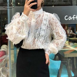 Korean Retro Lace Stand Collar Lace Stitching Women's Shirts Pearl Buckle Loose Long Sleeve Tops See-through Blouse Blusas 13339 210528