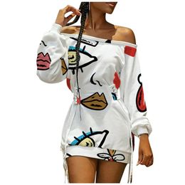 Casual Dresses Women Abstract Print Off Shoulder Dress Streetwear Lace-up Eyelet Long Sleeve Womens Straight Vestidos