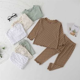 Baby Girls Pyjamas Set Spring Autumn Soft Loose Ribbed Cotton Bow Pullover Two Piece Home Wear Infant Toddler Clothing 211105