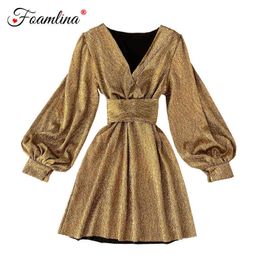 Foamlina 2019 Autumn Fashion Sexy Women V Neck Long Lantern Sleeve Golden Glitter Elegant Ladies Christmas Party Dress Vestidos Y1204