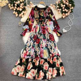 Women Fashion Court Spring Flower Print Sweet Fungus Edge Round Collar Elastic Waist A-line Long Dress Vestidos S423 210527